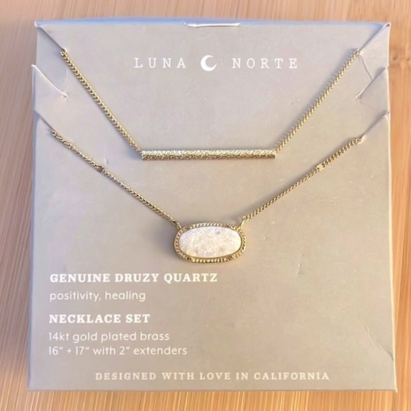 Brand New Luna Norte Genuine Druzy Quartz & Bar 14K Gold Plated Necklace Set - Picture 14 of 14